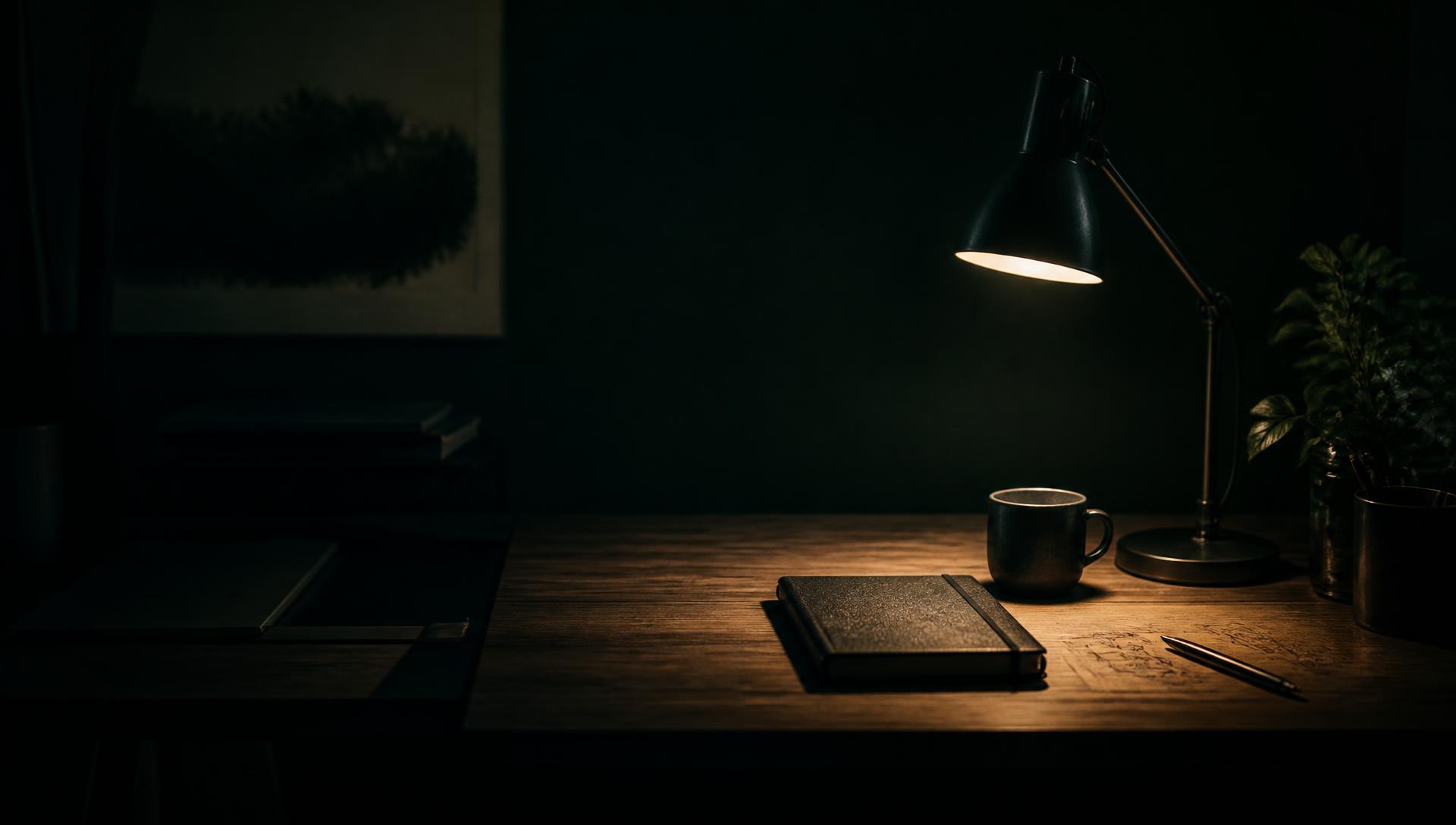 Escritorio de madera a la luz de una lámpara, con libreta, taza y bocetos en penumbra